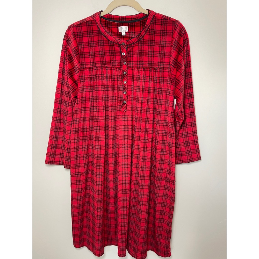 Aria Collection Plaid Fleece Nightgown Pajamas House Dress Pockets Plus Size 3X